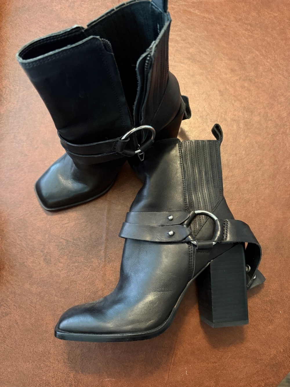 Dolce Vita Black Leather Ring-Strap Block Heel Ankle Boots